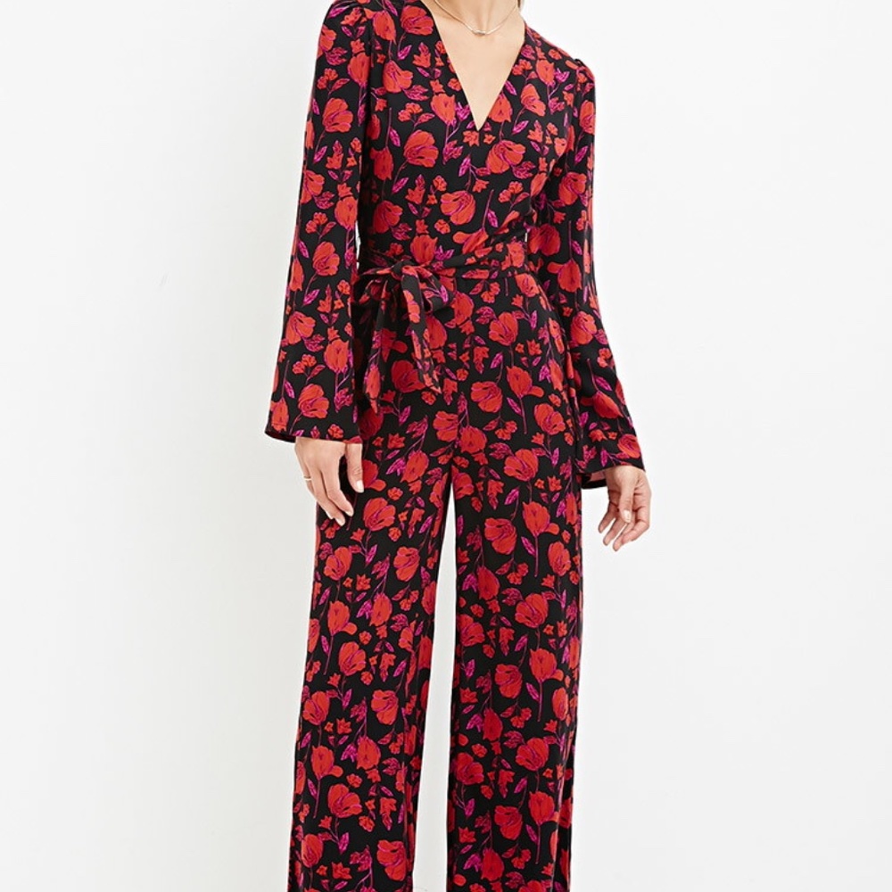 2/$35 Black Retro Bright Floral Print Flare Wide Leg Bell Sleeves Barbie Pink